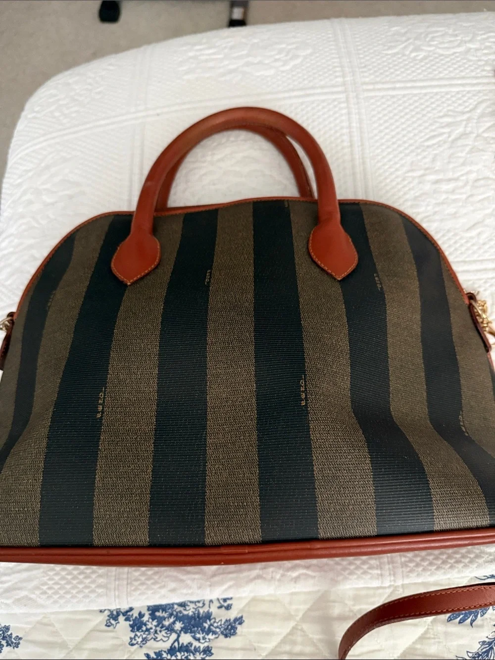 Fendi Women’s Striped Dome Satchel in Brown and Black with Tan Handles